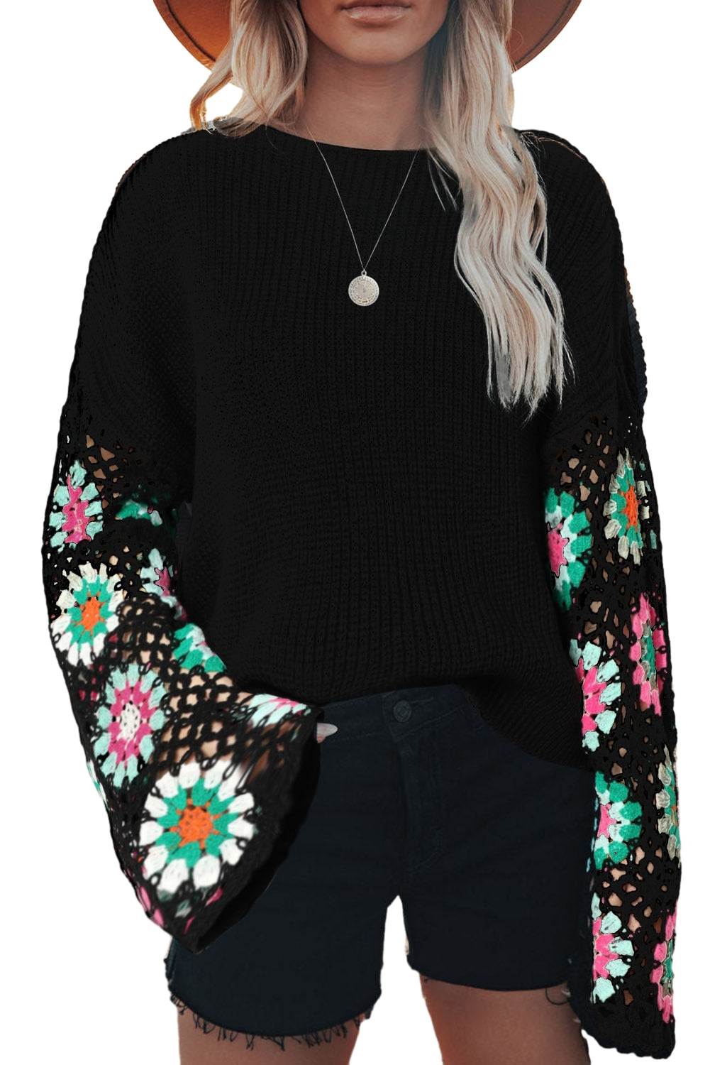 Women's Black Floral Crochet Bell Sleeve Loose Sweater