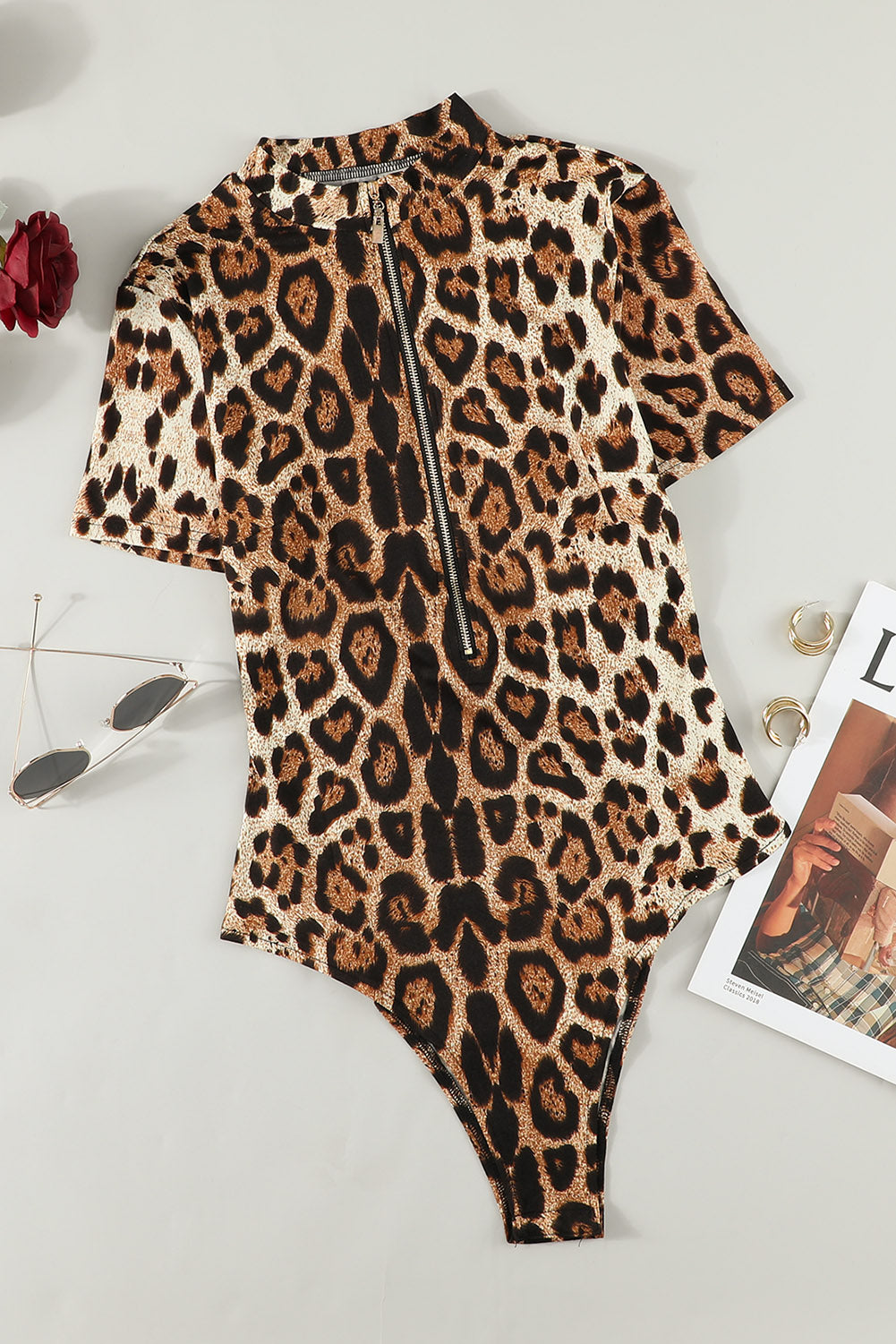 Women's Leopard Half Zip Short Sleeve Bodysuit