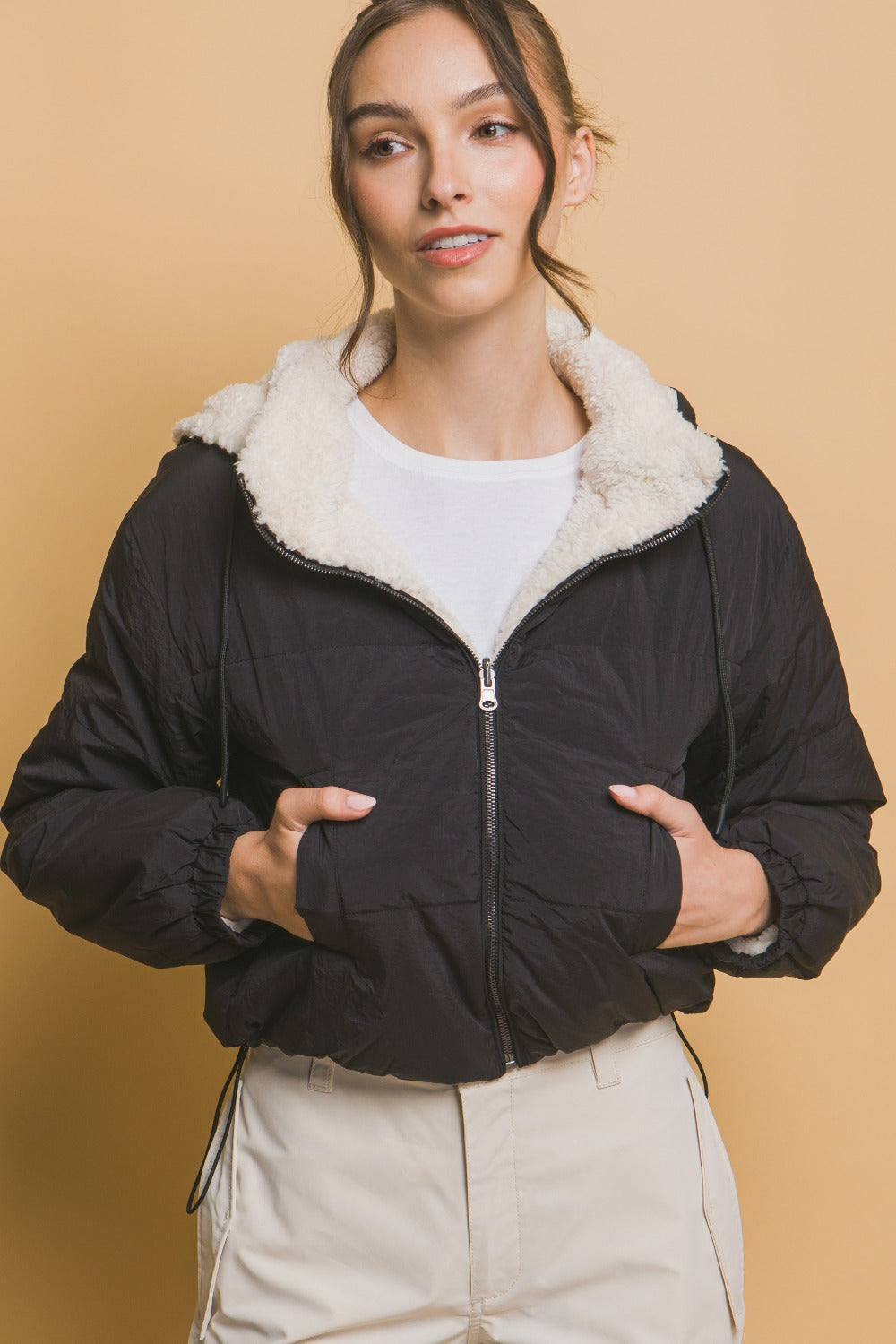 Women's Roped Hooded Cropped Lined Reversible Jacket