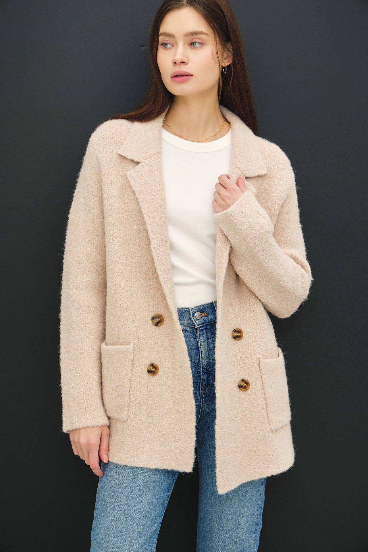 Women's Textured Double-Breasted Coat with Pockets