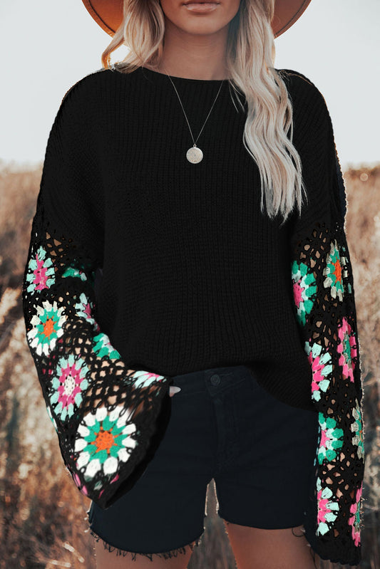 Women's Black Floral Crochet Bell Sleeve Loose Sweater