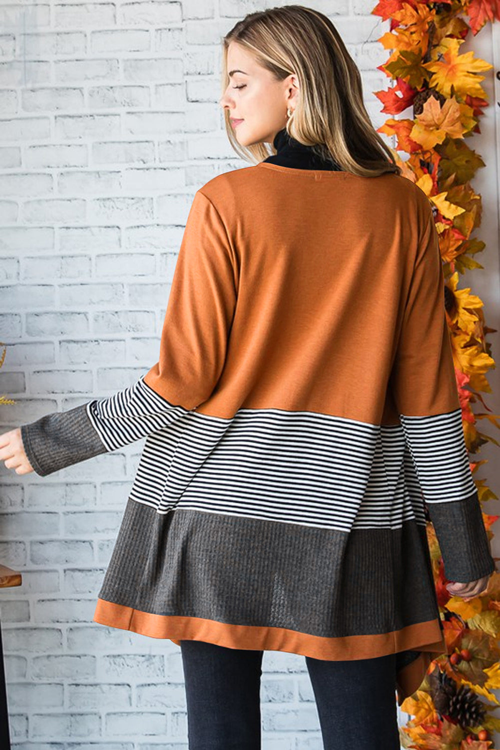 Women's Orange Colorblock Striped Patchwork Open Cardigan