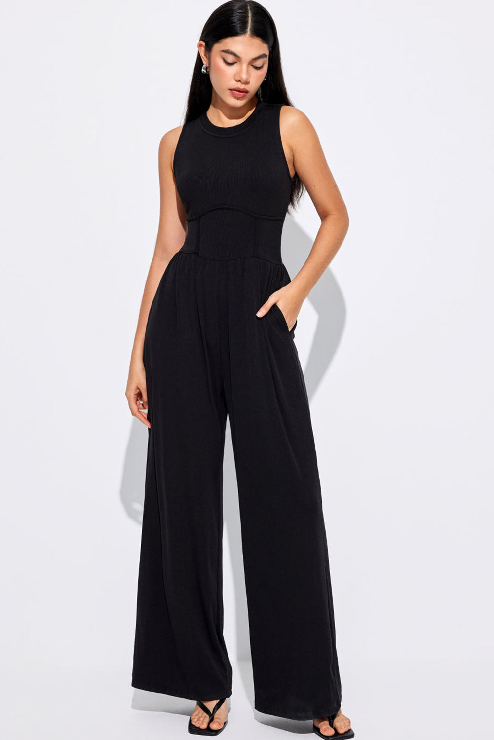 Women's Black Cinched Waist Sleeveless Wide Leg Jumpsuit