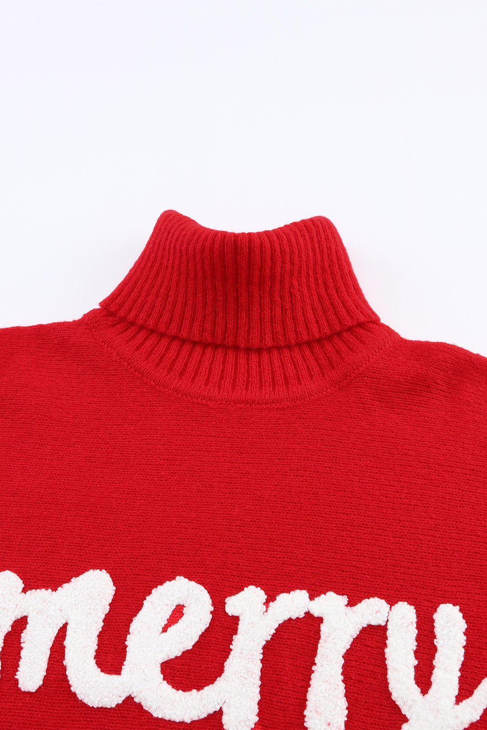 Women's Red Merry Letter Embroidered High Neck Sweater