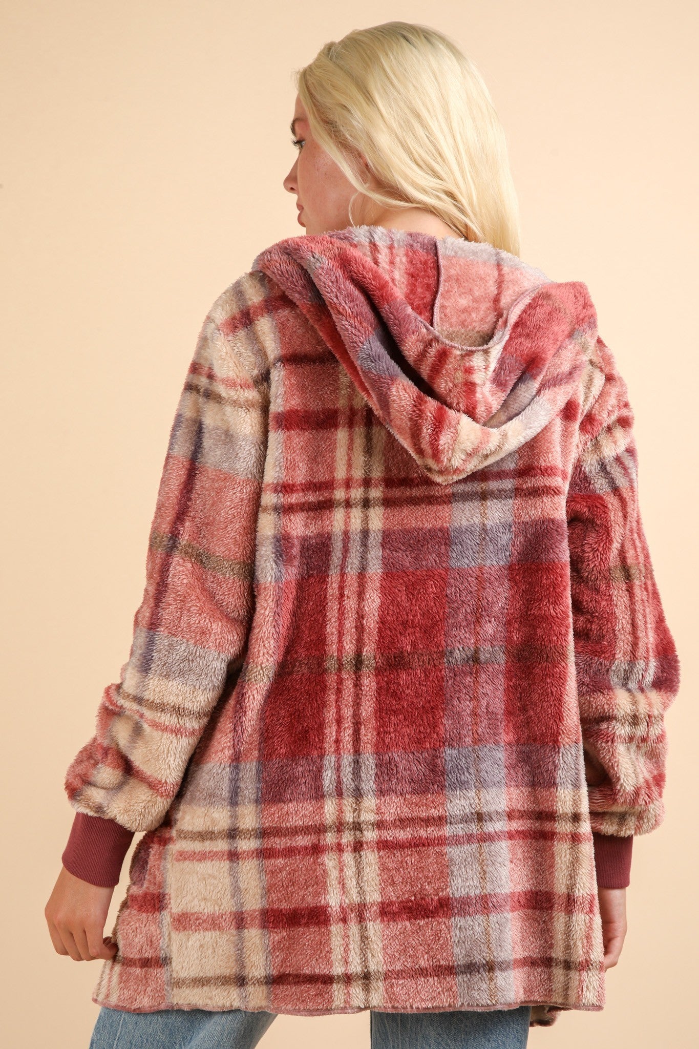 Women's Fuzzy Plaid Long Sleeve Hooded Jacket