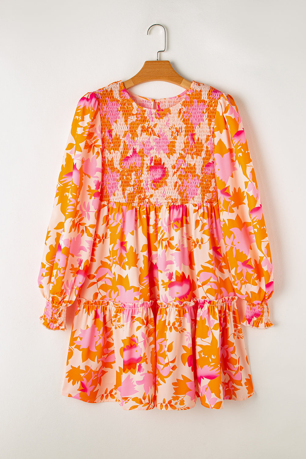 Women's Orange Abstract Print Smocked Lantern Sleeve Ruffle Mini Dress