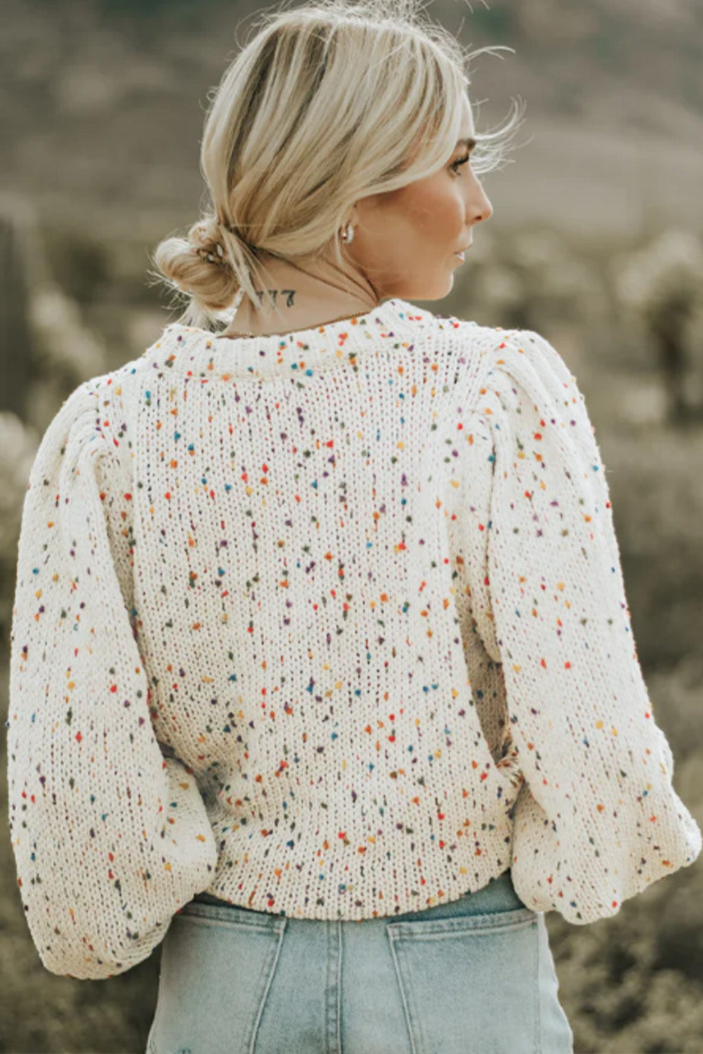 Women's Beige Colorful Confetti Dots Cable Knit Crew Neck Sweater