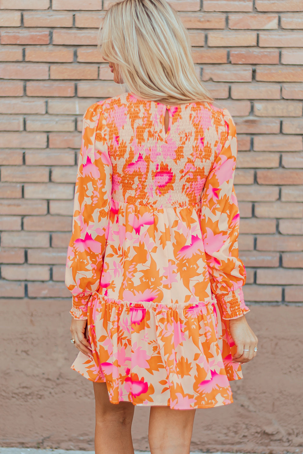 Women's Orange Abstract Print Smocked Lantern Sleeve Ruffle Mini Dress