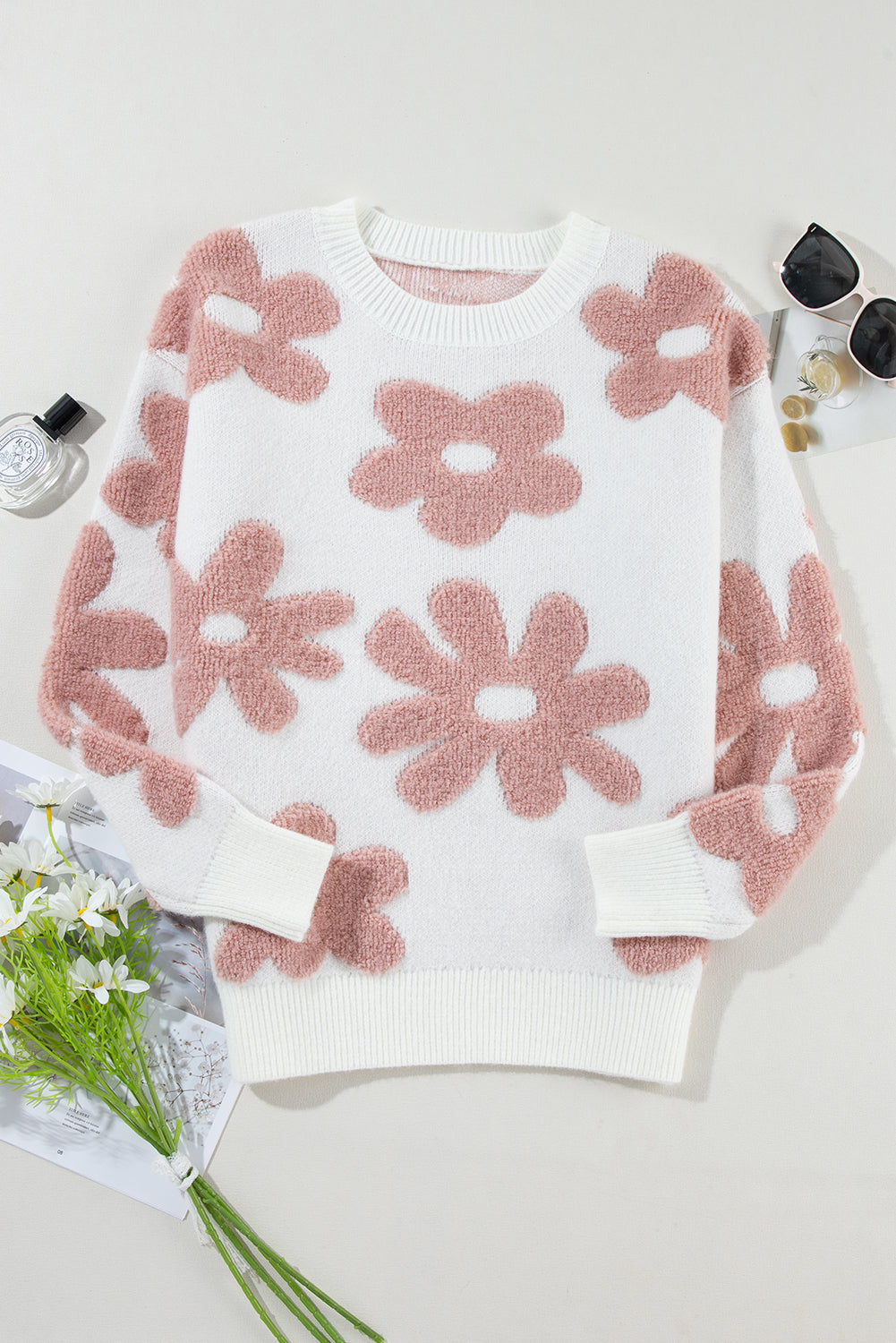 Women's White Textured Flower Drop Shoulder Loose Sweater