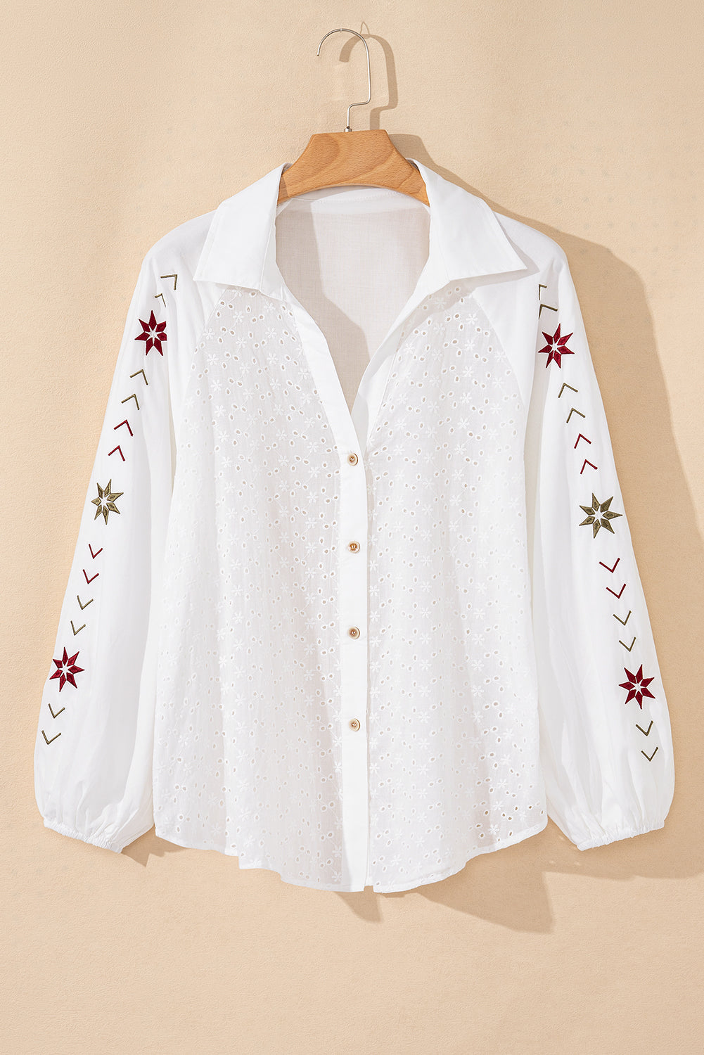 Women's White Floral Embroidered Puff Sleeve Eyelet Patchwork Shirt