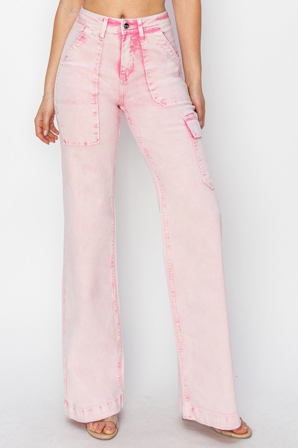 Women's Full Size High Rise Wide Leg Cargo Pocket Jeans in Acid Pink Color Sizes 0-3XL