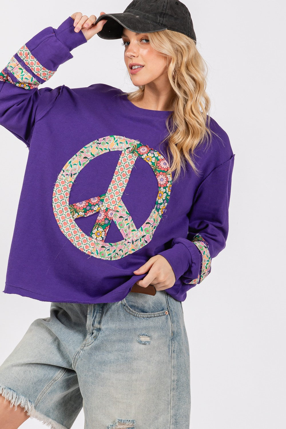 Women's Peace Applique Patch Long Sleeve Top