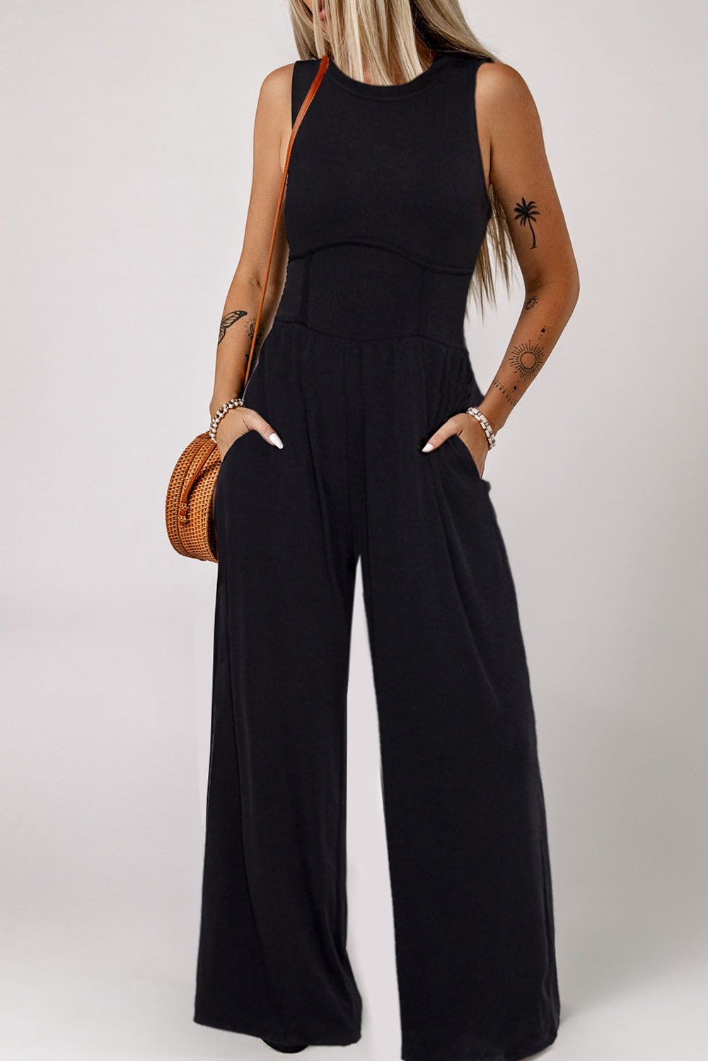 Women's Black Cinched Waist Sleeveless Wide Leg Jumpsuit