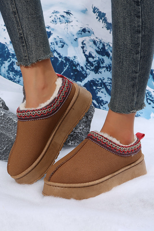 Women's Chestnut Contrast Print Suede Plush Lined Snow Boots