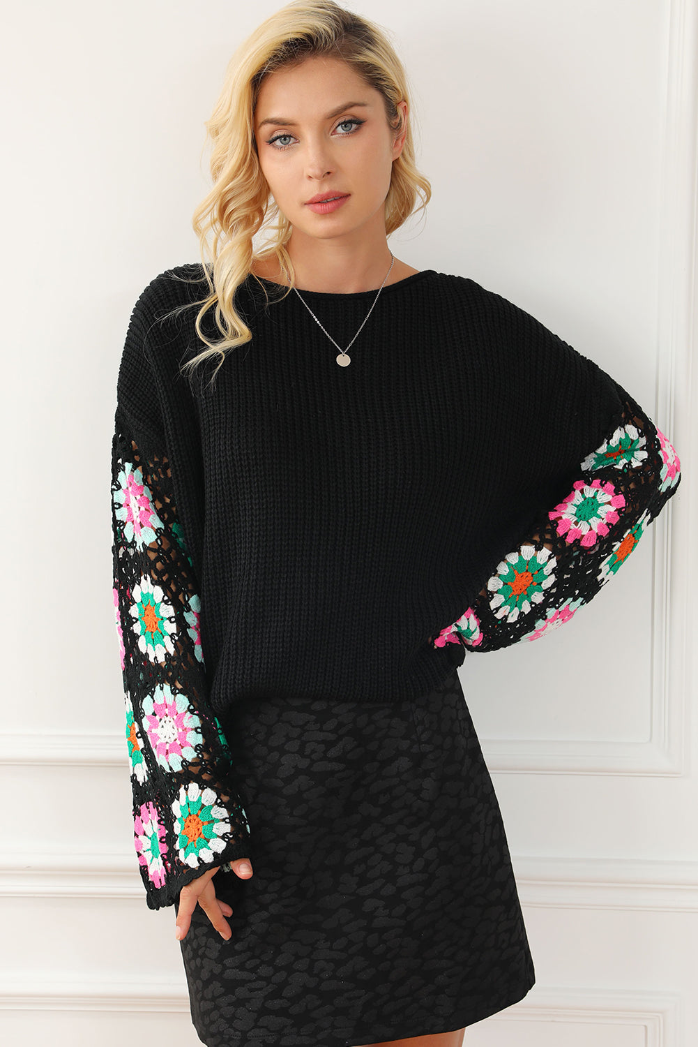 Women's Black Floral Crochet Bell Sleeve Loose Sweater