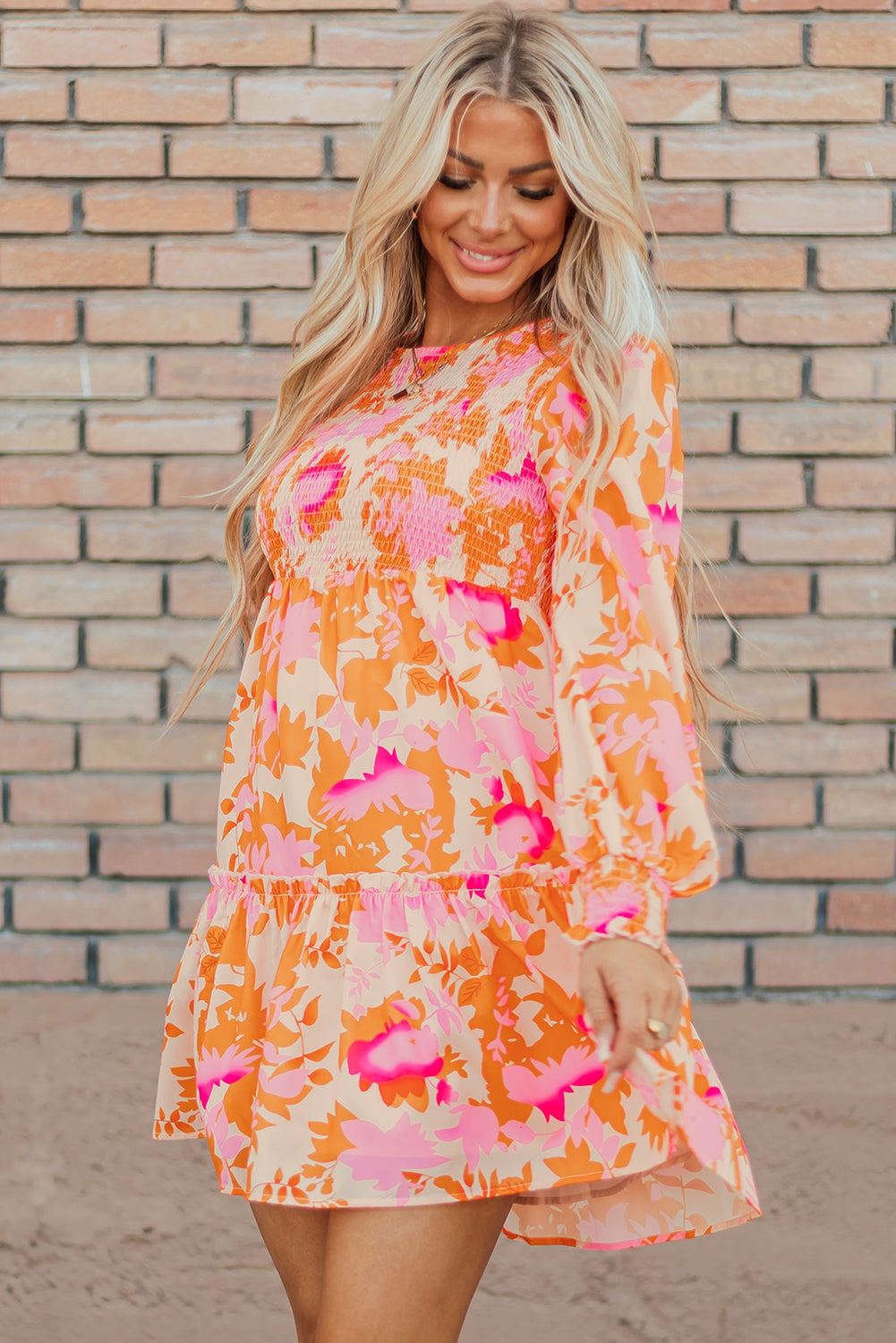 Women's Orange Abstract Print Smocked Lantern Sleeve Ruffle Mini Dress