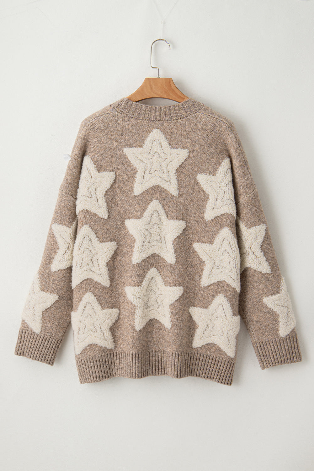 Women's Khaki Sherpa Star Pattern Textured Sweater Cardigan with Pockets