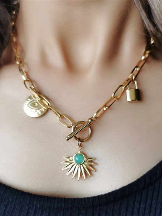 Leaves Devil's Eye Lock Pendant Buckle Necklace