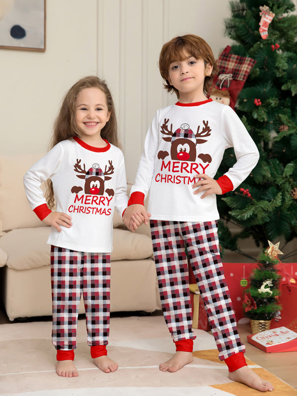 Merry Christmas Deer Head Plaid Print Parent-Child Christmas Family Matching 2-Piece Pajamas Set