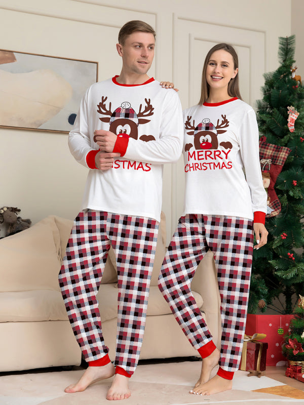 Merry Christmas Deer Head Plaid Print Parent-Child Christmas Family Matching 2-Piece Pajamas Set