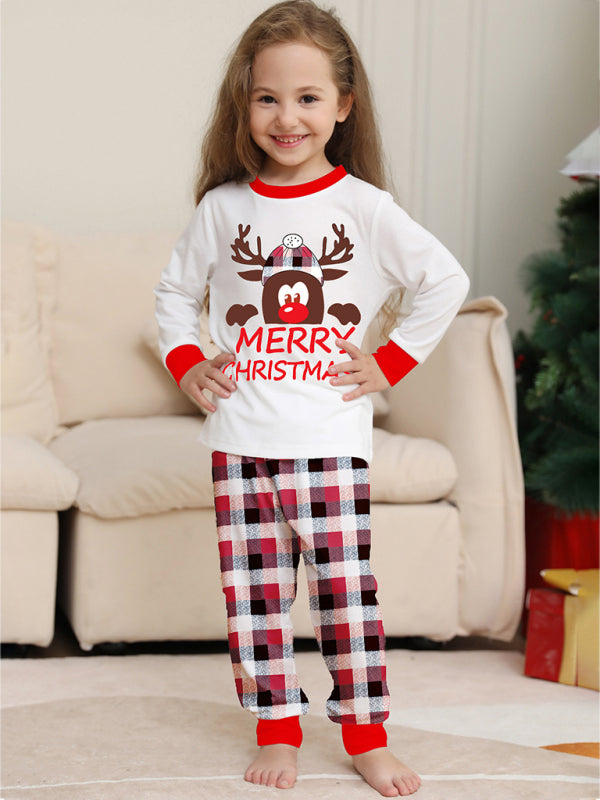 Merry Christmas Deer Head Plaid Print Parent-Child Christmas Family Matching 2-Piece Pajamas Set