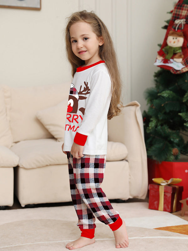 Merry Christmas Deer Head Plaid Print Parent-Child Christmas Family Matching 2-Piece Pajamas Set