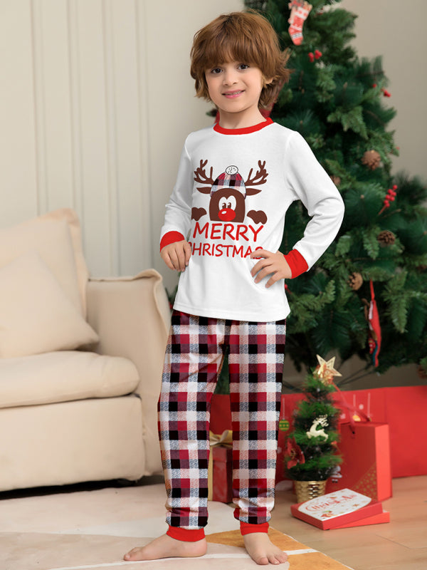 Merry Christmas Deer Head Plaid Print Parent-Child Christmas Family Matching 2-Piece Pajamas Set