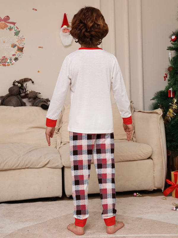 Merry Christmas Deer Head Plaid Print Parent-Child Christmas Family Matching 2-Piece Pajamas Set