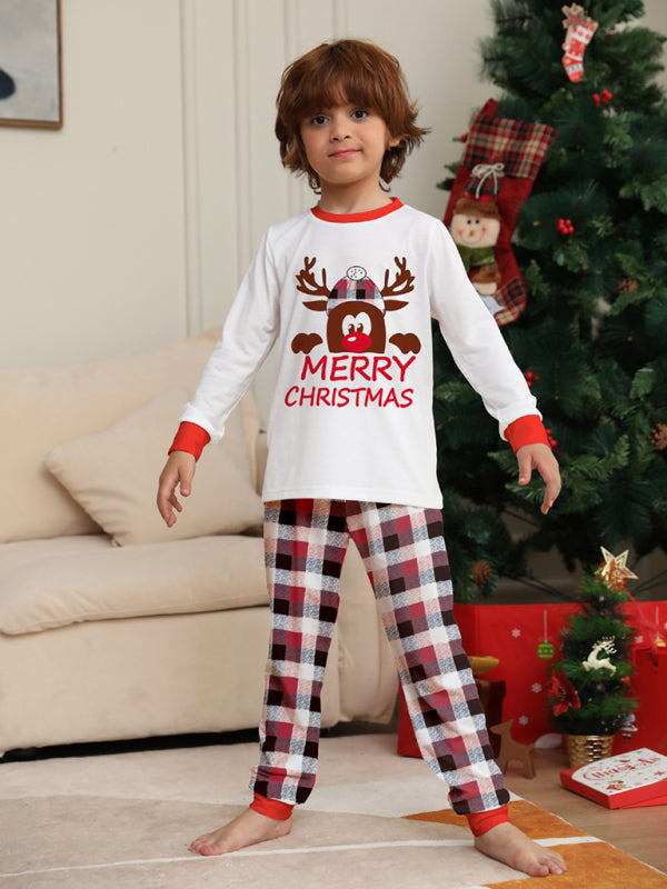 Merry Christmas Deer Head Plaid Print Parent-Child Christmas Family Matching 2-Piece Pajamas Set