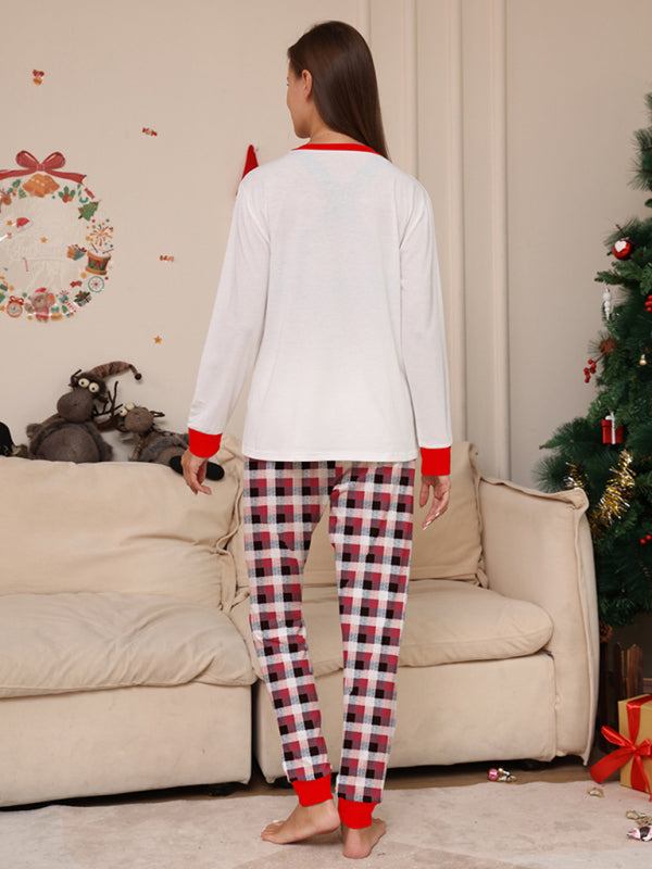 Merry Christmas Deer Head Plaid Print Parent-Child Christmas Family Matching 2-Piece Pajamas Set