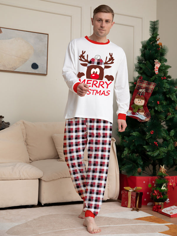 Merry Christmas Deer Head Plaid Print Parent-Child Christmas Family Matching 2-Piece Pajamas Set