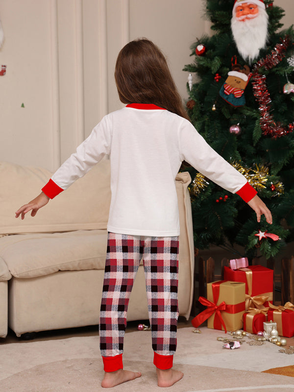 Merry Christmas Deer Head Plaid Print Parent-Child Christmas Family Matching 2-Piece Pajamas Set