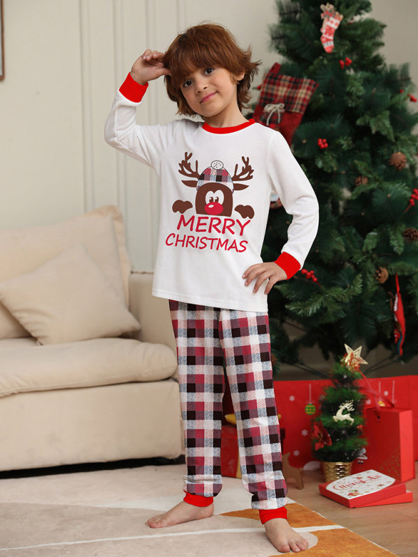 Merry Christmas Deer Head Plaid Print Parent-Child Christmas Family Matching 2-Piece Pajamas Set