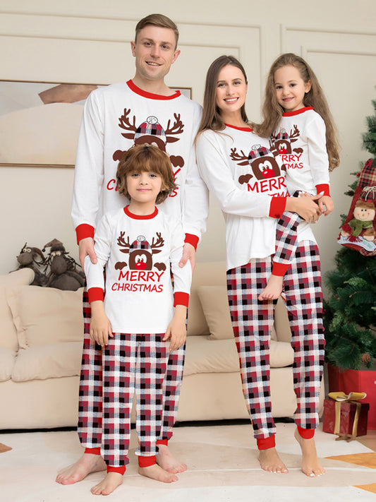 Merry Christmas Deer Head Plaid Print Parent-Child Christmas Family Matching 2-Piece Pajamas Set