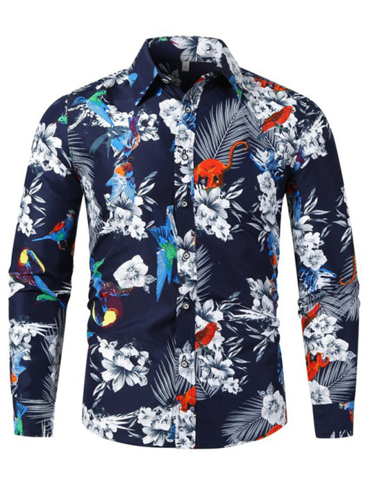 Men's Hawaiian Tropical Print Lapel Collar Button-Up Long Sleeves Shirt