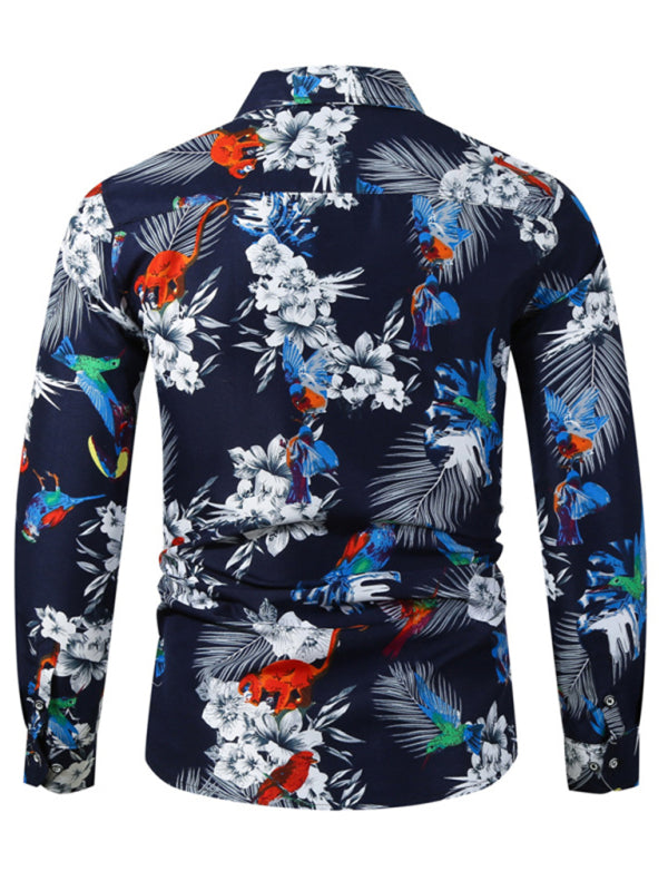 Men's Hawaiian Tropical Print Lapel Collar Button-Up Long Sleeves Shirt