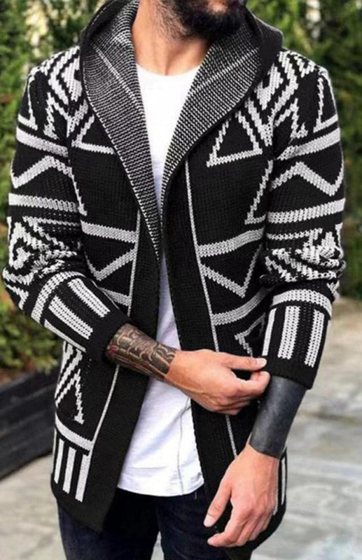 Hooded Jacquard Open Cardigan Knitwear Available in Sizes S-4XL