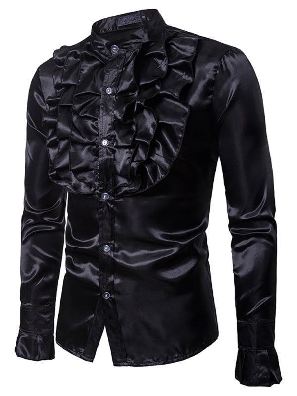 Men's Ruffled Standing Collar Button Up Party Shirt