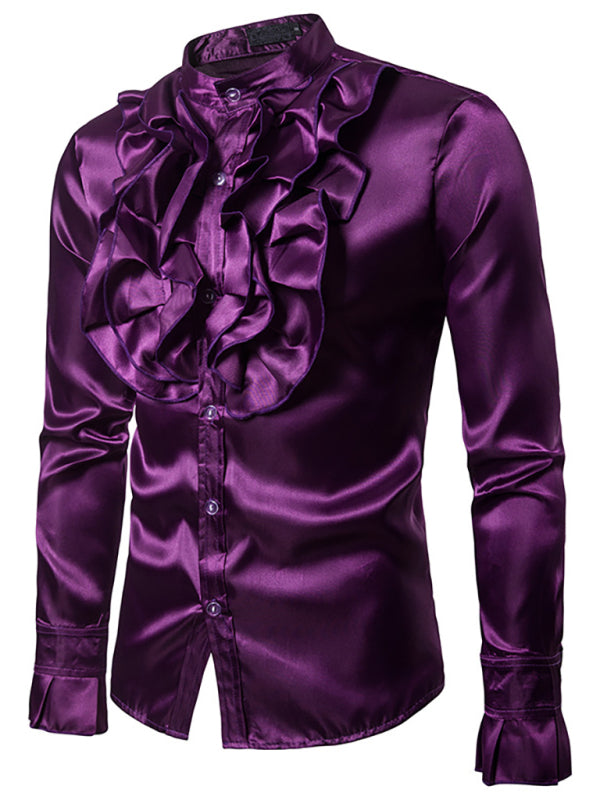 Men's Ruffled Standing Collar Button Up Party Shirt