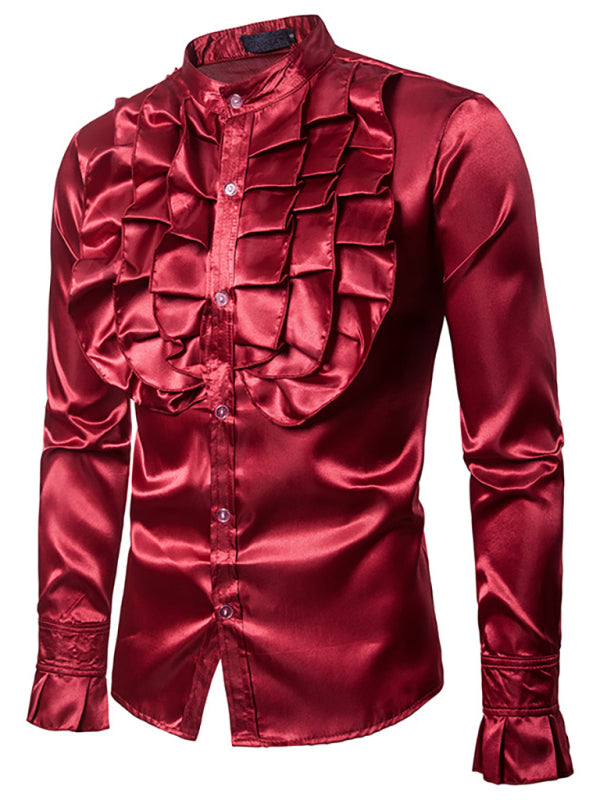 Men's Ruffled Standing Collar Button Up Party Shirt