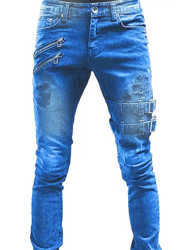 Men's Cotton Blend Zip & Buckle Denim Jeans with Slant Pockets Available in Sizes S-3XL