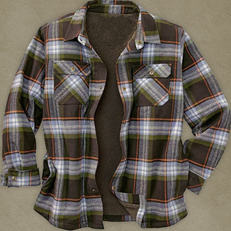 Men's Cozy Button Up Lapel Collar Long Sleeves Fleece Lined Plaid Shacket Available in Size S-4XL