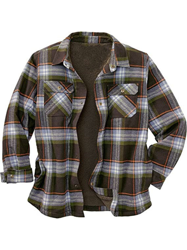 Men's Cozy Button Up Lapel Collar Long Sleeves Fleece Lined Plaid Shacket Available in Size S-4XL