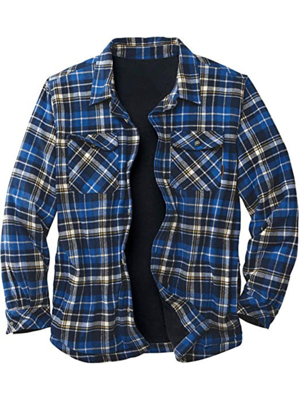 Men's Cozy Button Up Lapel Collar Long Sleeves Fleece Lined Plaid Shacket Available in Size S-4XL