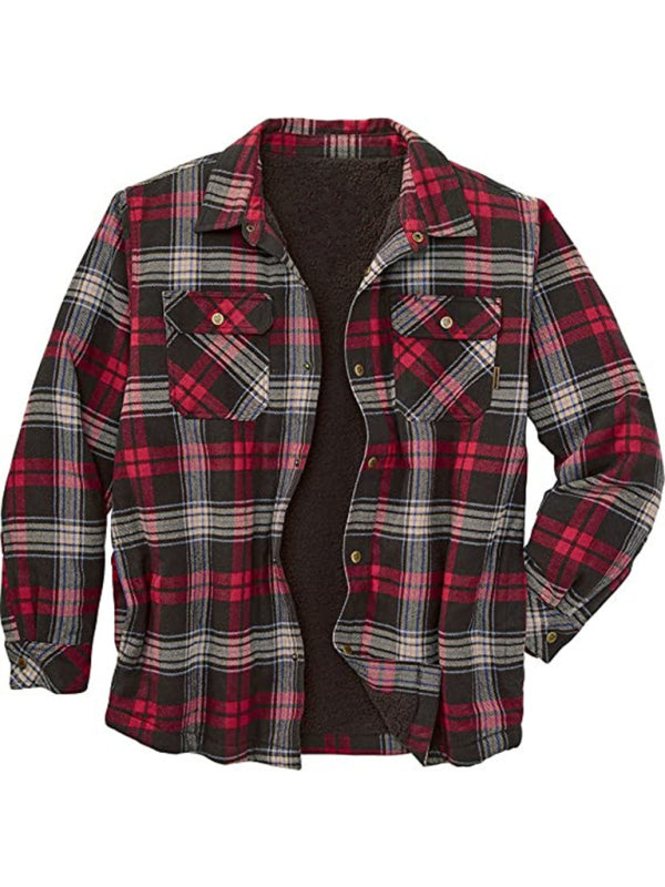 Men's Cozy Button Up Lapel Collar Long Sleeves Fleece Lined Plaid Shacket Available in Size S-4XL