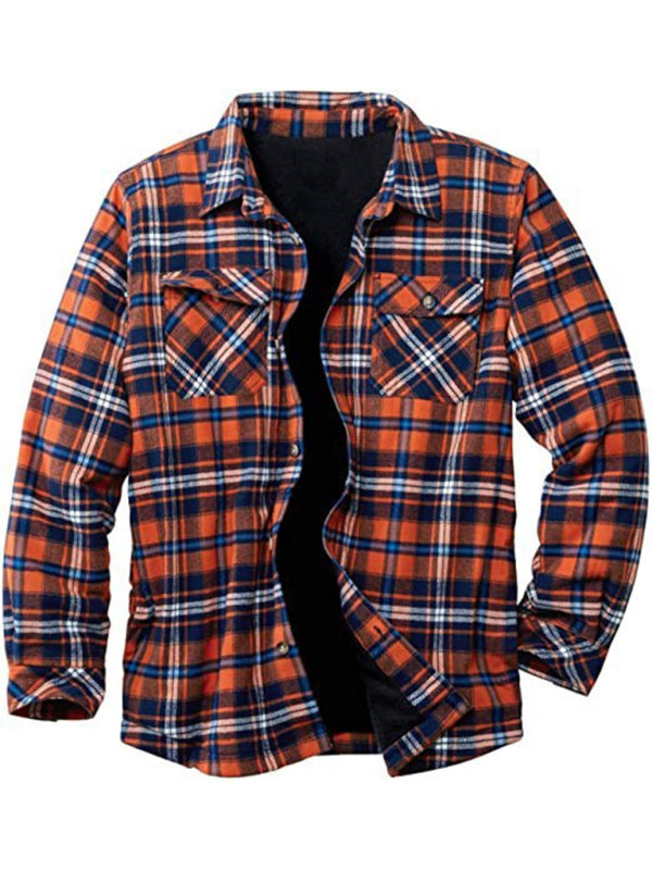 Men's Cozy Button Up Lapel Collar Long Sleeves Fleece Lined Plaid Shacket Available in Size S-4XL