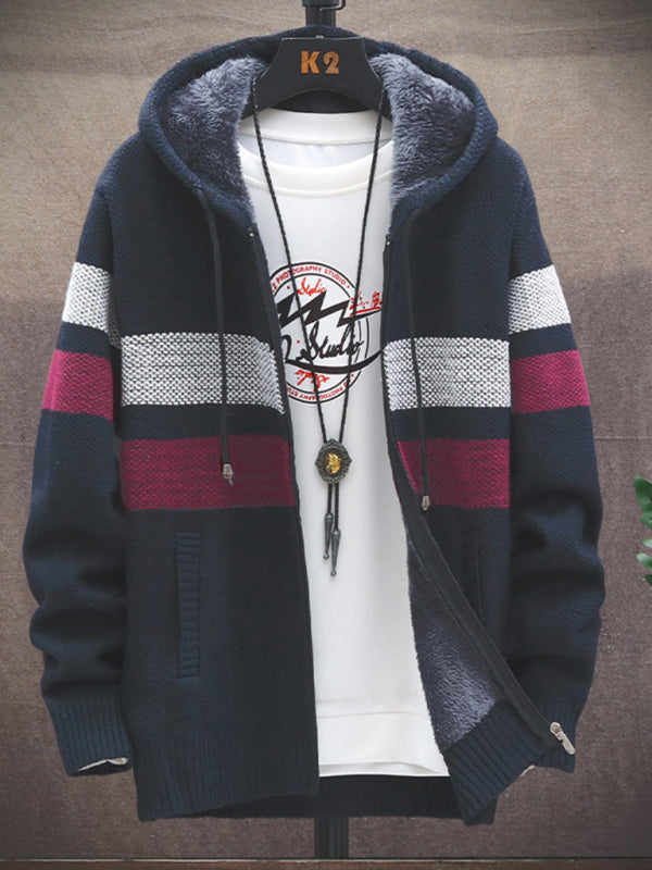 Men's Striped Hooded Lined Fleece Jacket Available in Size S-5XL