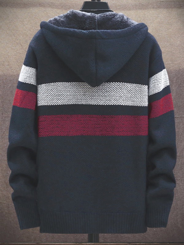 Men's Striped Hooded Lined Fleece Jacket Available in Size S-5XL