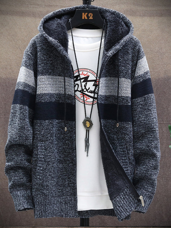 Men's Striped Hooded Lined Fleece Jacket Available in Size S-5XL