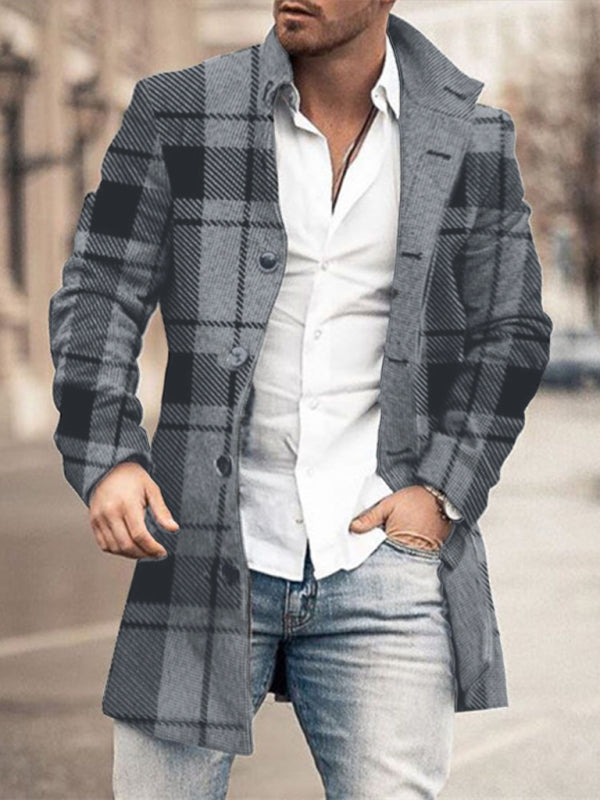 Men's Lapel Collar Mid-Length Woolen Coat with Pockets